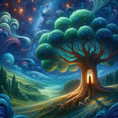 The primary subject of the image is a large tree with a glowing, illuminated trunk. The tree is situated in a lush, green field with a blue sky in the background. The visual style of the image is a digital art or illustration, creating a surreal and dreamy atmosphere. The colors and mood of the image are predominantly blue and green, with the glowing trunk adding a touch of warmth and light to the scene.